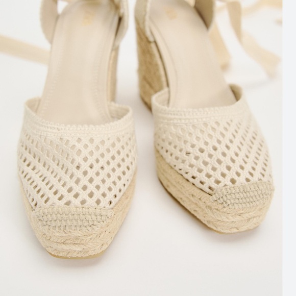 Zara Espadrilles Ankle Tied Crochet Wedges Off White Cream Beige size 6.5 37 NWT - Picture 7 of 11